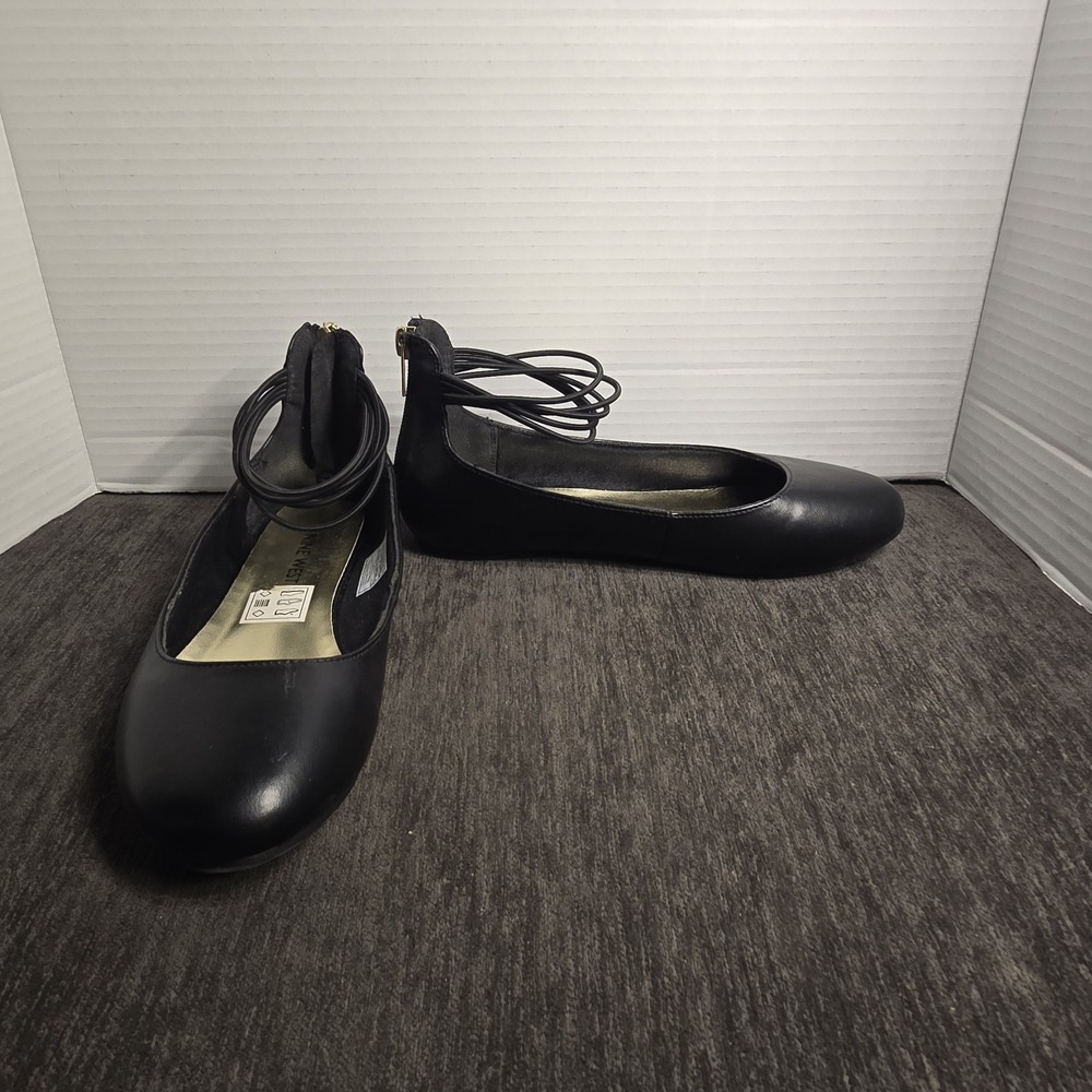 Nine West Girls Black Ankle Strap Ballet Flats Round Toe Back Zip Size 3